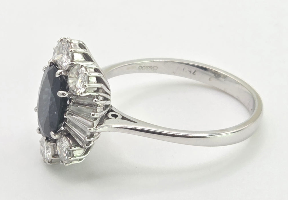 2898: Vintage 18ct White Gold Natural Diamonds (2.1ct) Sapphire Diana Style Cluster Ring