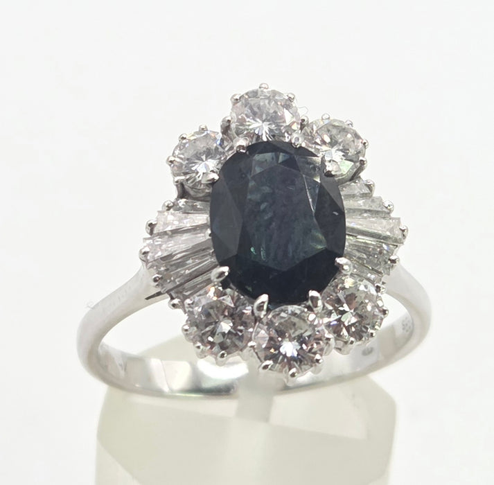 2898: Vintage 18ct White Gold Natural Diamonds (2.1ct) Sapphire Diana Style Cluster Ring