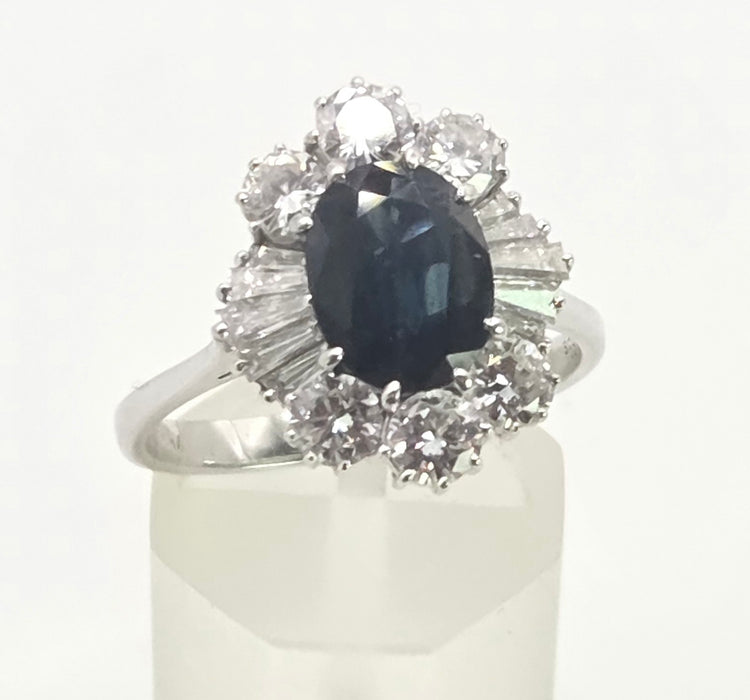 2898: Vintage 18ct White Gold Natural Diamonds (2.1ct) Sapphire Diana Style Cluster Ring