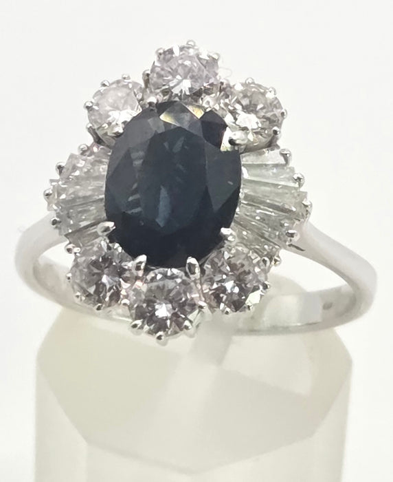 2898: Vintage 18ct White Gold Natural Diamonds (2.1ct) Sapphire Diana Style Cluster Ring