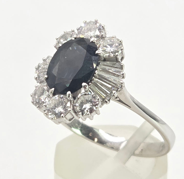 2898: Vintage 18ct White Gold Natural Diamonds (2.1ct) Sapphire Diana Style Cluster Ring