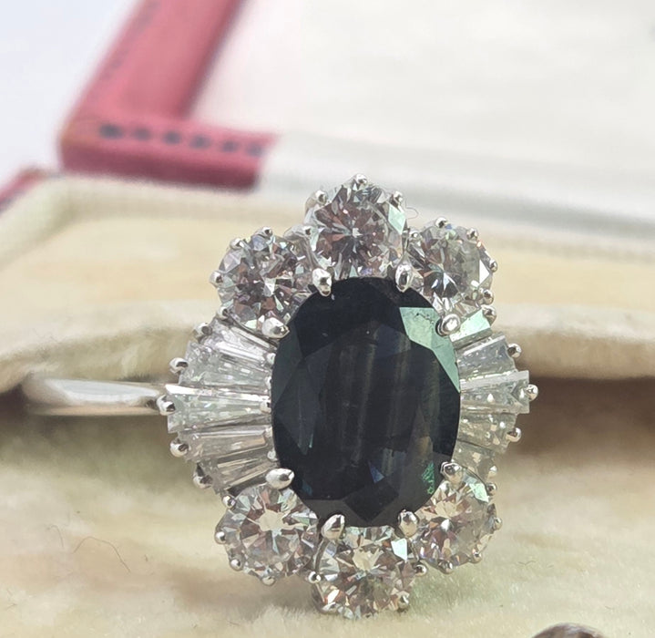 2898: Vintage 18ct White Gold Natural Diamonds (2.1ct) Sapphire Diana Style Cluster Ring