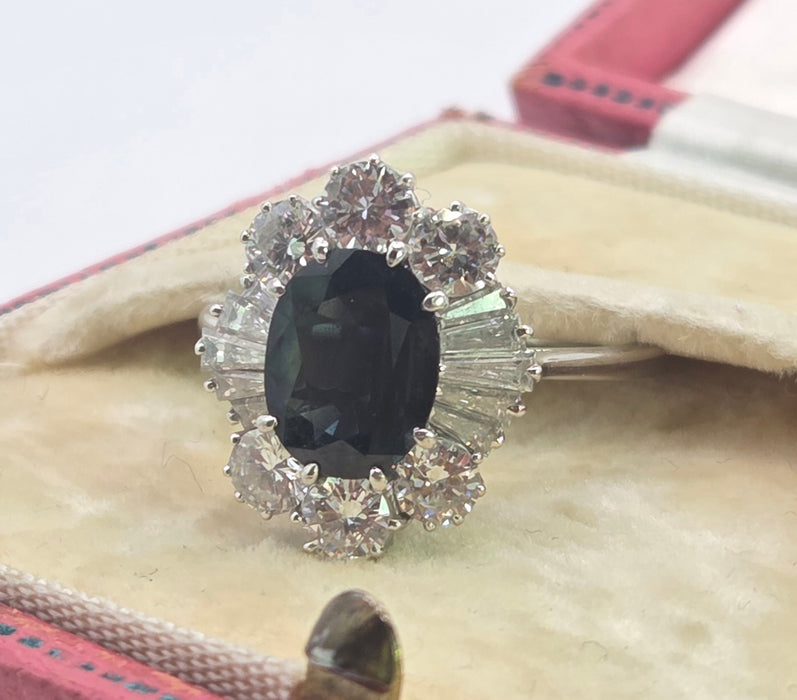 2898: Vintage 18ct White Gold Natural Diamonds (2.1ct) Sapphire Diana Style Cluster Ring