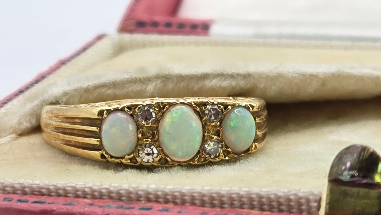2969 Vintage: 18ct Yellow Gold Opal & Diamond Trilogy Ring — From 1968