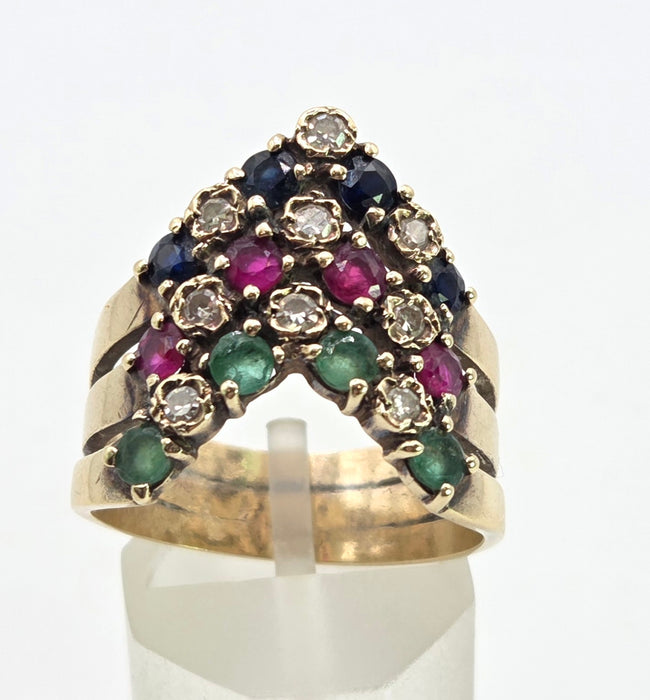 2974 Vintage: 9ct Yellow Gold Ruby, Emerald, Sapphire & Diamond Chevron Cluster Ring — From 1978