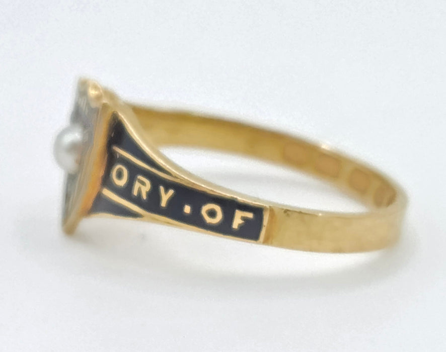 2668: Antique 18ct Gold Diamonds Seed Pearl "In Memory of " Ring- From 1865