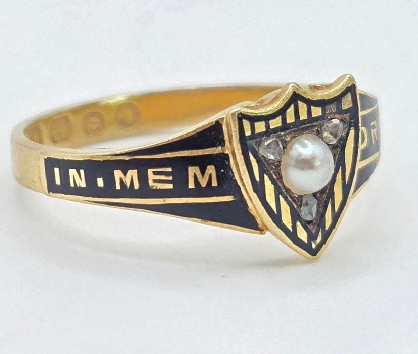 2668: Antique 18ct Gold Diamonds Seed Pearl "In Memory of " Ring- From 1865