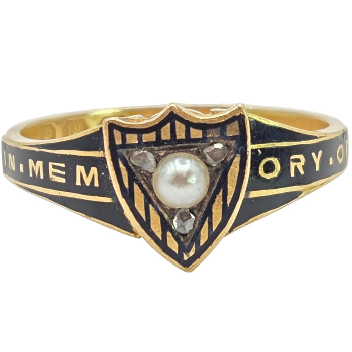 2668: Antique 18ct Gold Diamonds Seed Pearl "In Memory of " Ring- From 1865