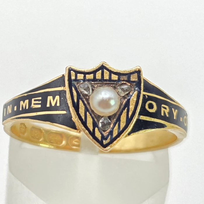2668: Antique 18ct Gold Diamonds Seed Pearl "In Memory of " Ring- From 1865