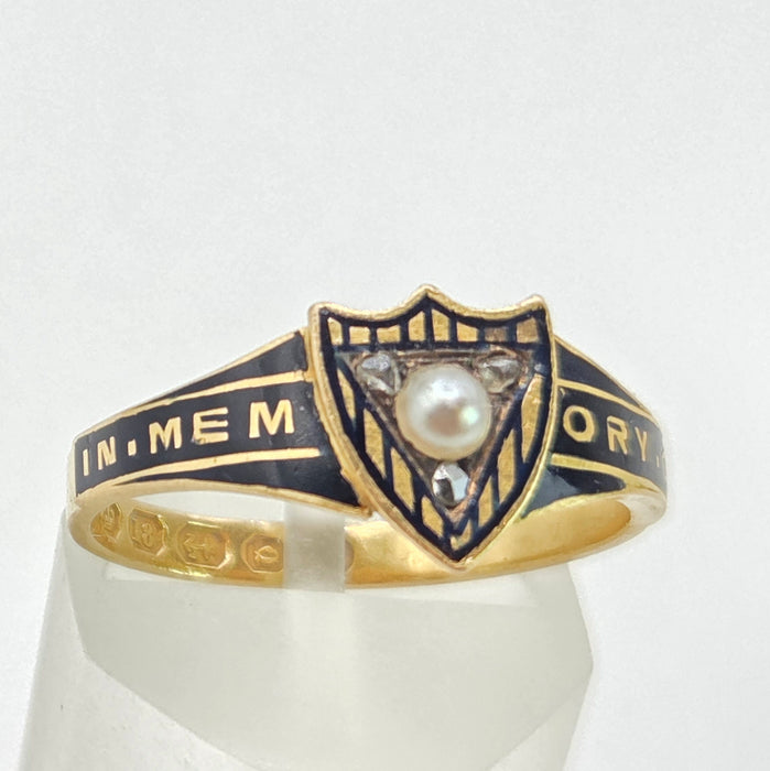 2668: Antique 18ct Gold Diamonds Seed Pearl "In Memory of " Ring- From 1865