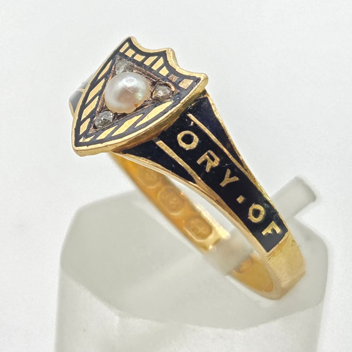 2668: Antique 18ct Gold Diamonds Seed Pearl "In Memory of " Ring- From 1865