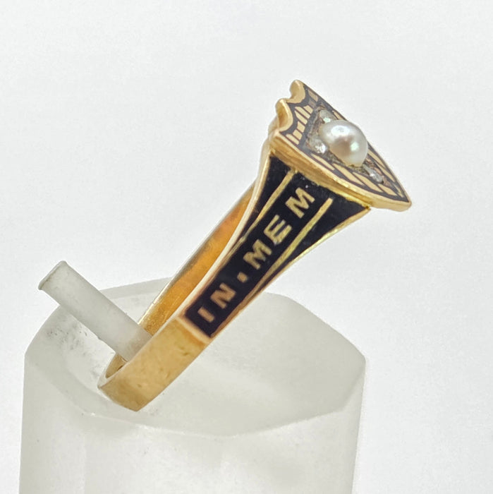 2668: Antique 18ct Gold Diamonds Seed Pearl "In Memory of " Ring- From 1865