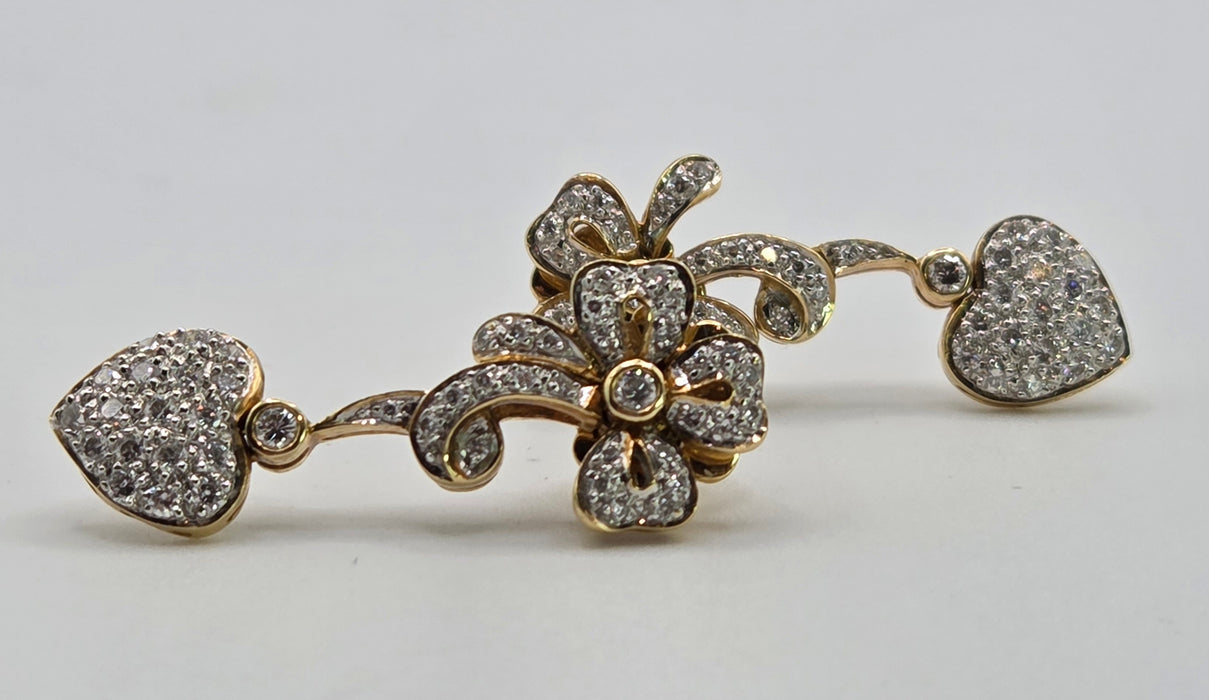 2677: Vintage 18ct Gold Diamonds Encrusted Heart Shaped Drop/Dangle Earrings