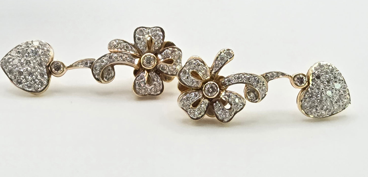 2677: Vintage 18ct Gold Diamonds Encrusted Heart Shaped Drop/Dangle Earrings