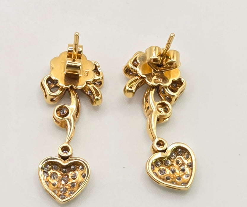 2677: Vintage 18ct Gold Diamonds Encrusted Heart Shaped Drop/Dangle Earrings