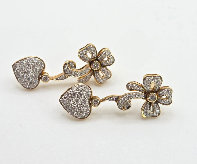 2677: Vintage 18ct Gold Diamonds Encrusted Heart Shaped Drop/Dangle Earrings
