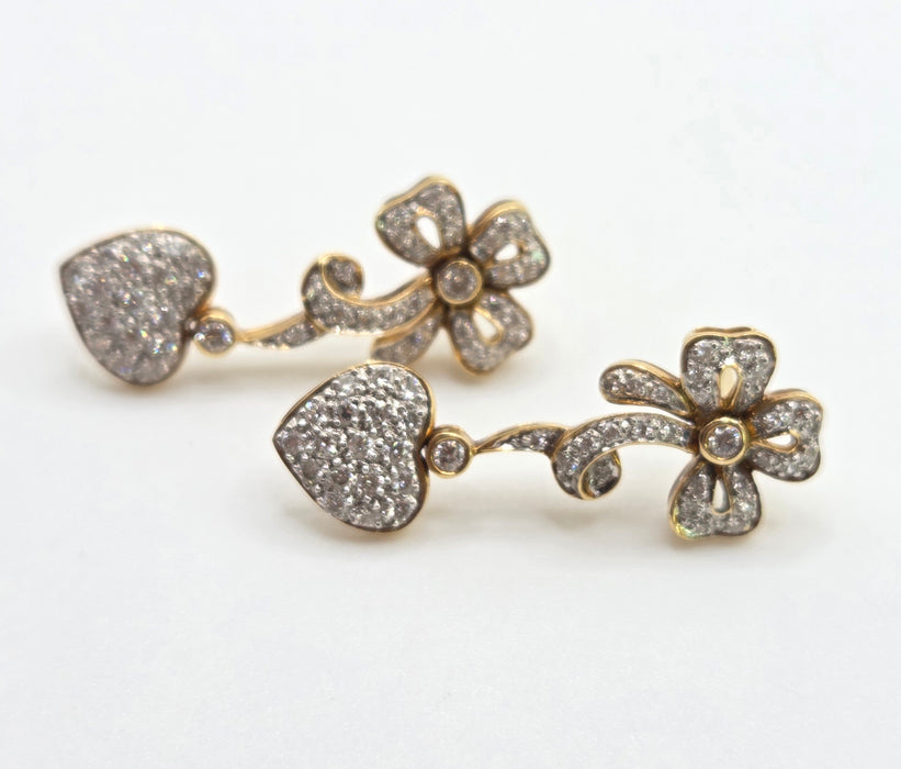 2677: Vintage 18ct Gold Diamonds Encrusted Heart Shaped Drop/Dangle Earrings