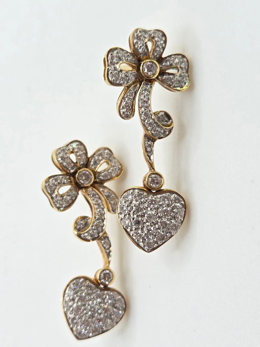 2677: Vintage 18ct Gold Diamonds Encrusted Heart Shaped Drop/Dangle Earrings