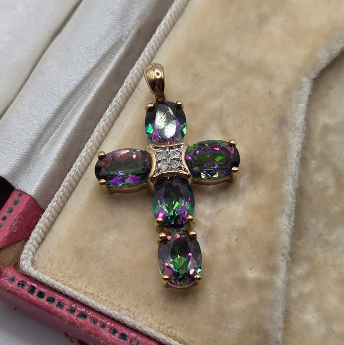 2808: Vintage & Rare Caribbean Topaz Natural diamonds Cross Pendant