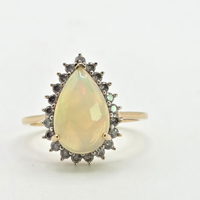 2899: Vintage 9ct Gold Pear Cut White Opal 21 Natural Diamonds Ring