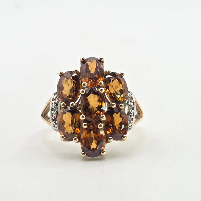 2981: Vintage Statement Orange Topaz Natural Diamonds Cluster Ring