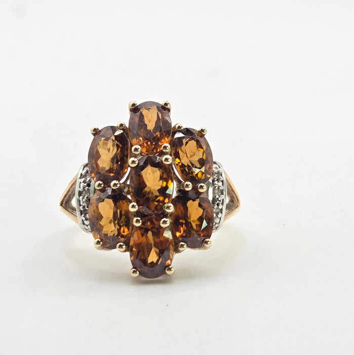 2981: Vintage Statement Orange Topaz Natural Diamonds Cluster Ring