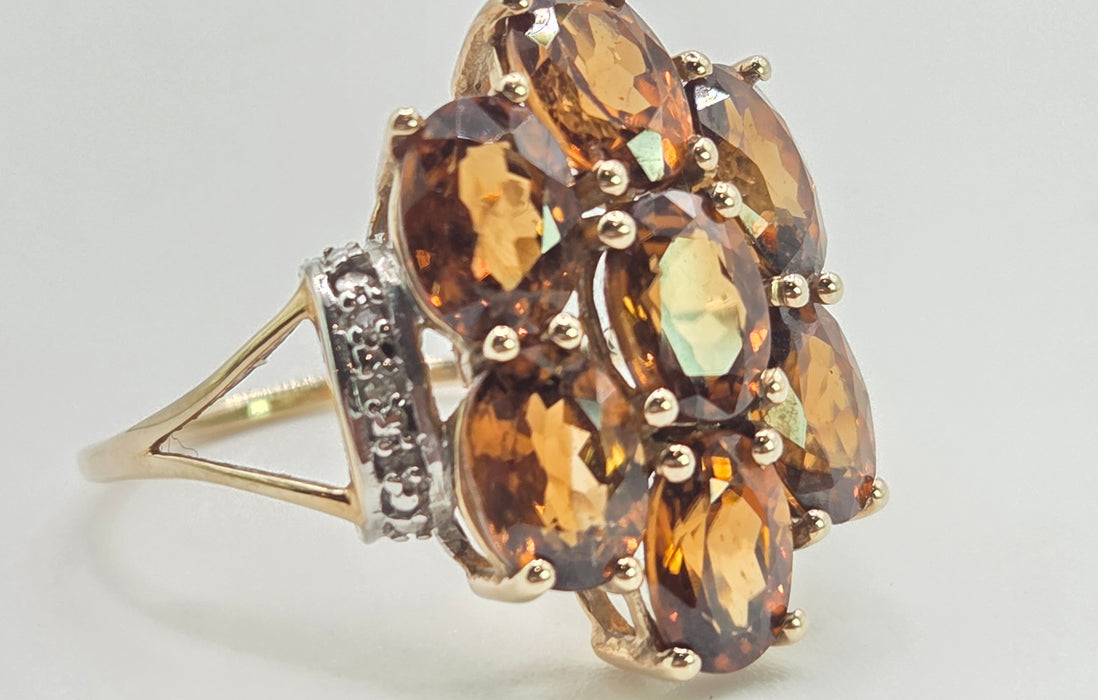 2981: Vintage Statement Orange Topaz Natural Diamonds Cluster Ring