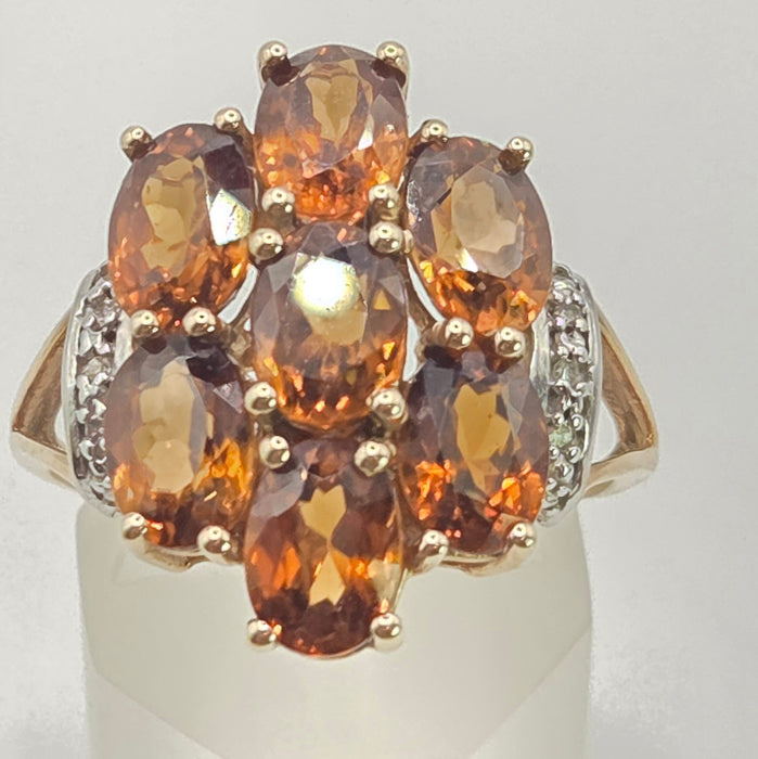 2981: Vintage Statement Orange Topaz Natural Diamonds Cluster Ring
