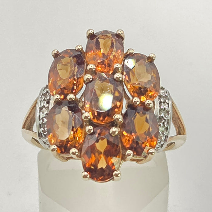 2981: Vintage Statement Orange Topaz Natural Diamonds Cluster Ring