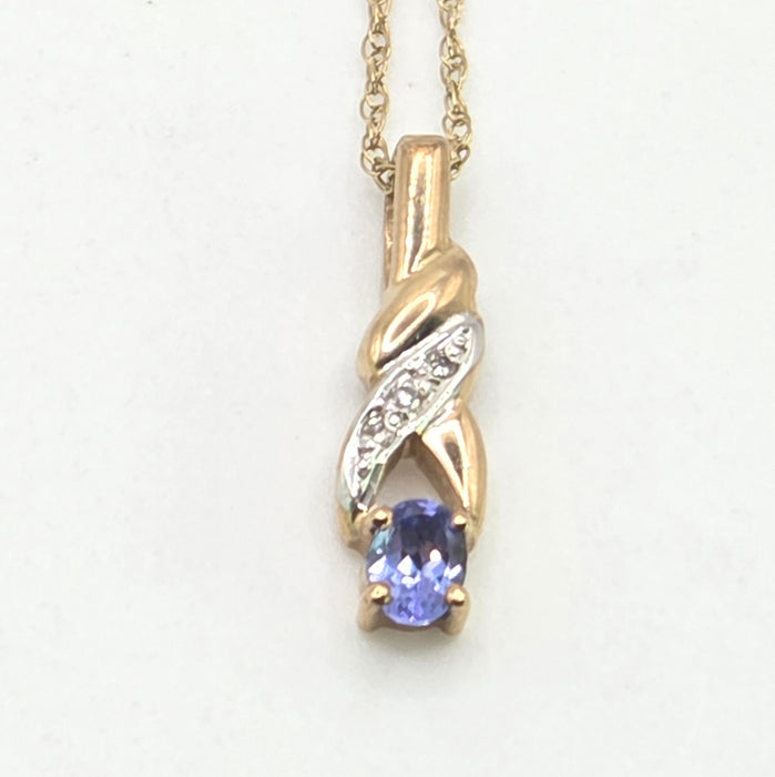 2754: Vintage 9ct Gold Tanzanite Natural Sparkling Diamonds Pendant & 9ct Chain