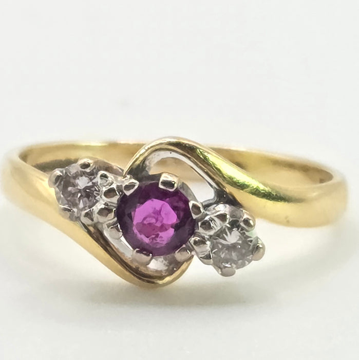 2846: Vintage 18t Gold Ruby & Natural  Diamonds Bypass Ring