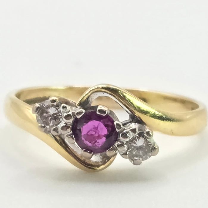 2846: Vintage 18t Gold Ruby & Natural  Diamonds Bypass Ring