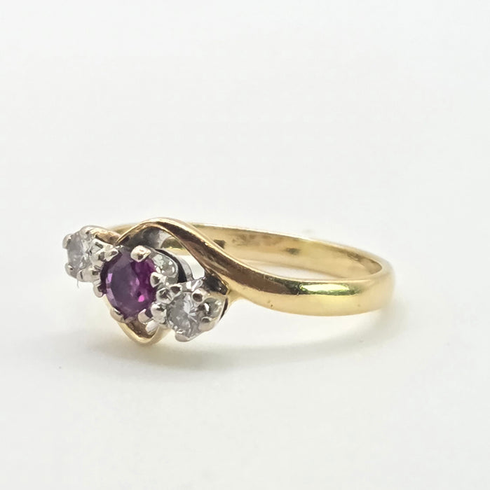 2846: Vintage 18t Gold Ruby & Natural  Diamonds Bypass Ring