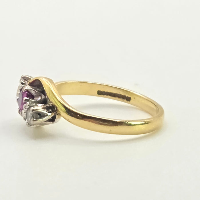 2846: Vintage 18t Gold Ruby & Natural  Diamonds Bypass Ring