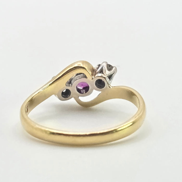 2846: Vintage 18t Gold Ruby & Natural  Diamonds Bypass Ring