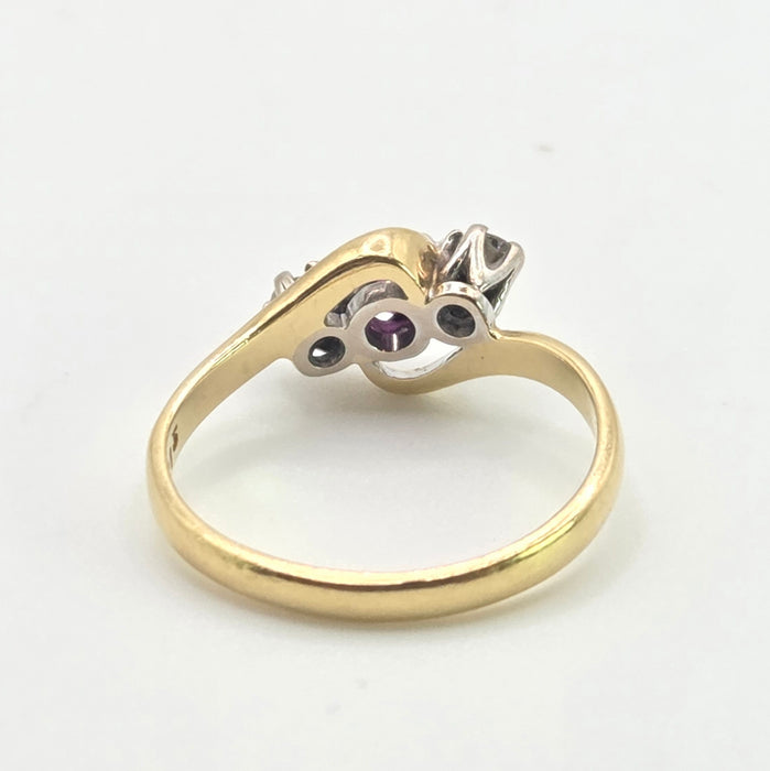 2846: Vintage 18t Gold Ruby & Natural  Diamonds Bypass Ring