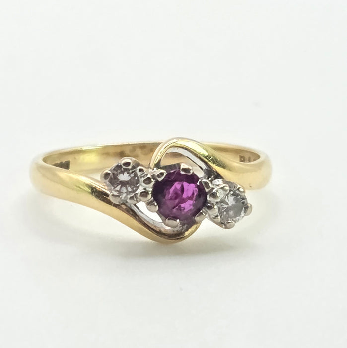 2846: Vintage 18t Gold Ruby & Natural  Diamonds Bypass Ring