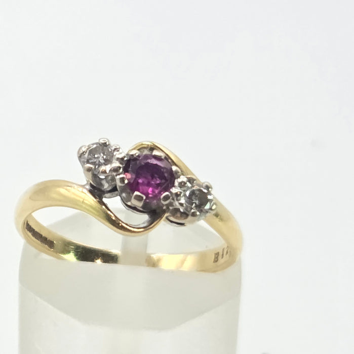 2846: Vintage 18t Gold Ruby & Natural  Diamonds Bypass Ring