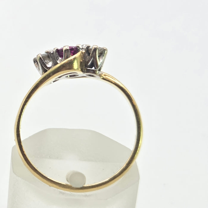 2846: Vintage 18t Gold Ruby & Natural  Diamonds Bypass Ring