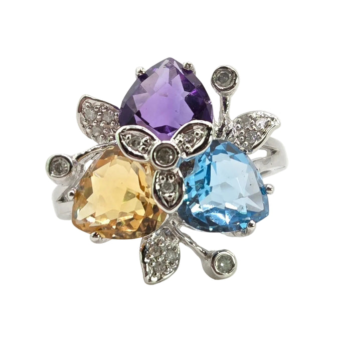 2852: Vintage 9ct Gold Topaz, Citrine, Amethyst 16 Natural Diamonds Cocktail Ring