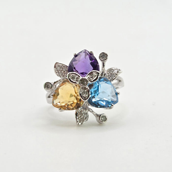 2852: Vintage 9ct Gold Topaz, Citrine, Amethyst 16 Natural Diamonds Cocktail Ring