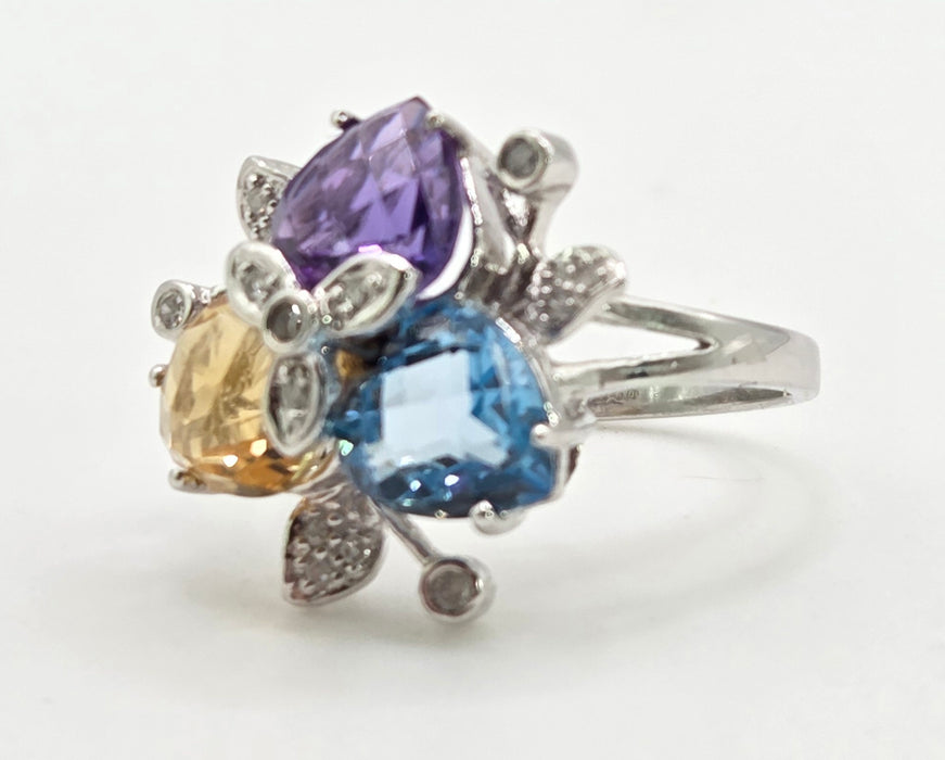 2852: Vintage 9ct Gold Topaz, Citrine, Amethyst 16 Natural Diamonds Cocktail Ring