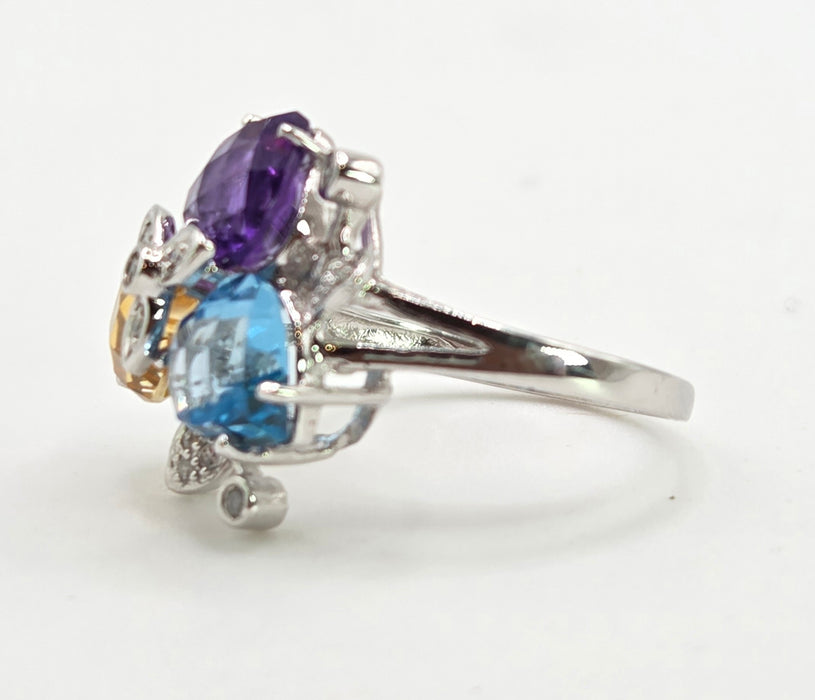 2852: Vintage 9ct Gold Topaz, Citrine, Amethyst 16 Natural Diamonds Cocktail Ring