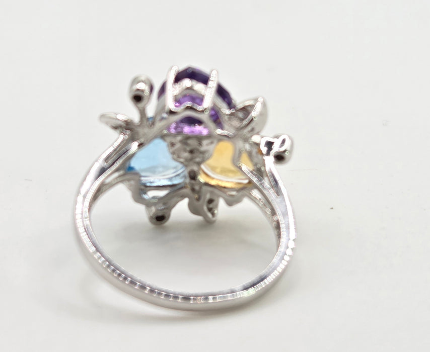 2852: Vintage 9ct Gold Topaz, Citrine, Amethyst 16 Natural Diamonds Cocktail Ring