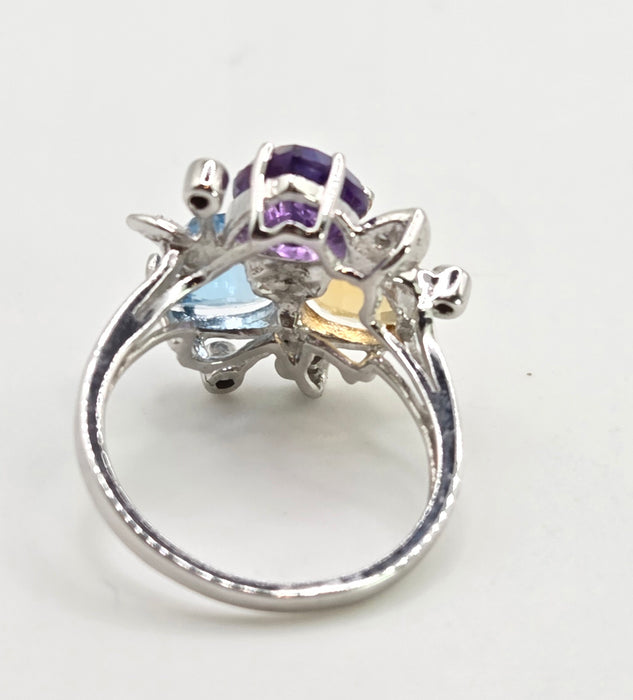 2852: Vintage 9ct Gold Topaz, Citrine, Amethyst 16 Natural Diamonds Cocktail Ring