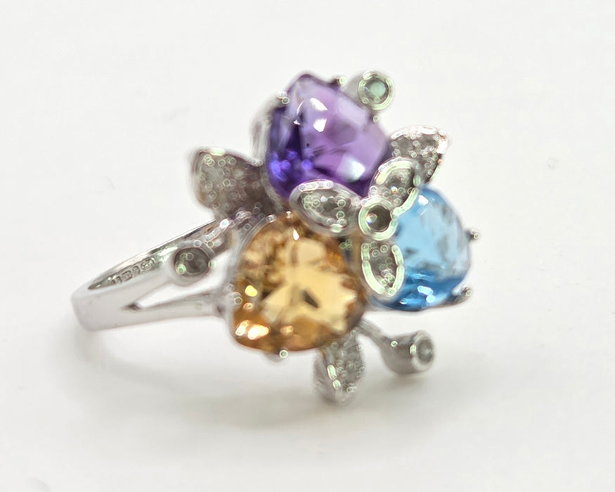 2852: Vintage 9ct Gold Topaz, Citrine, Amethyst 16 Natural Diamonds Cocktail Ring
