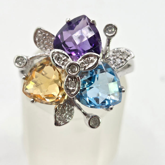 2852: Vintage 9ct Gold Topaz, Citrine, Amethyst 16 Natural Diamonds Cocktail Ring