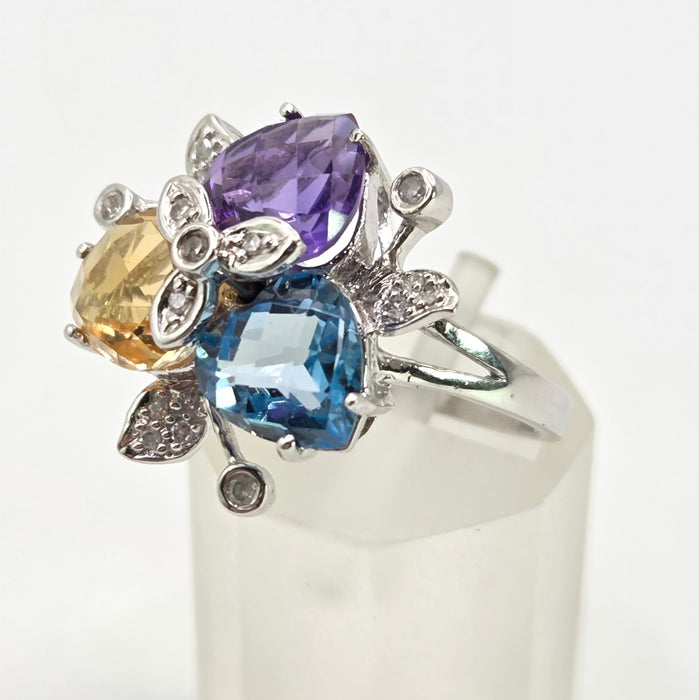 2852: Vintage 9ct Gold Topaz, Citrine, Amethyst 16 Natural Diamonds Cocktail Ring
