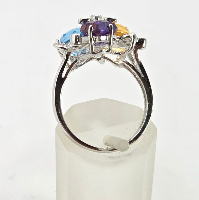2852: Vintage 9ct Gold Topaz, Citrine, Amethyst 16 Natural Diamonds Cocktail Ring