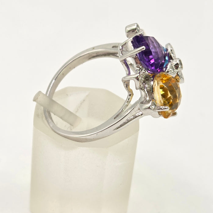2852: Vintage 9ct Gold Topaz, Citrine, Amethyst 16 Natural Diamonds Cocktail Ring